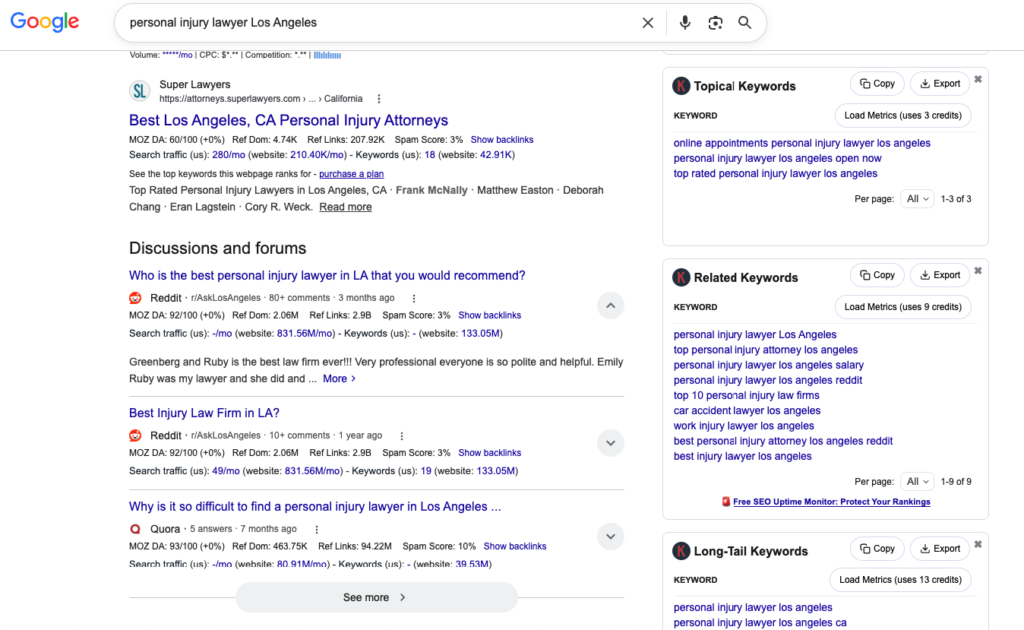 Keywords Everywhere extension displaying search volume, CPC, competition, and related keyword suggestions within Google search results.