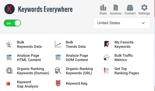 Keywords Everywhere settings panel showing metric toggles and the Google Keyword Planner data source option.