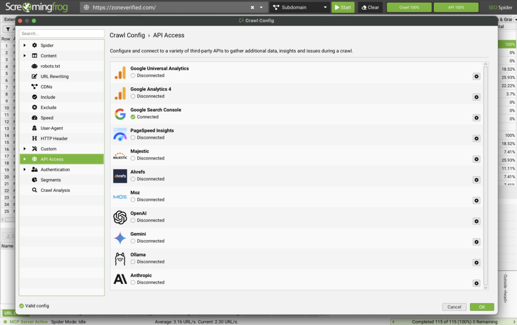 Screaming Frog SEO Spider API access settings showing integrations with SEO and AI tools, and analytics platforms.